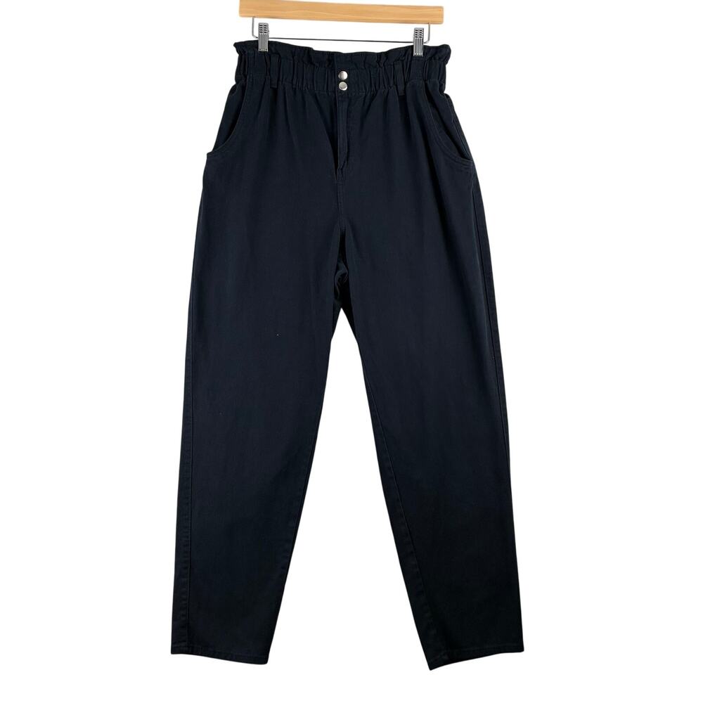 H&M Tapered Pull On Paperbag Pants Women's 10 Black Pockets 100% Cotton Career